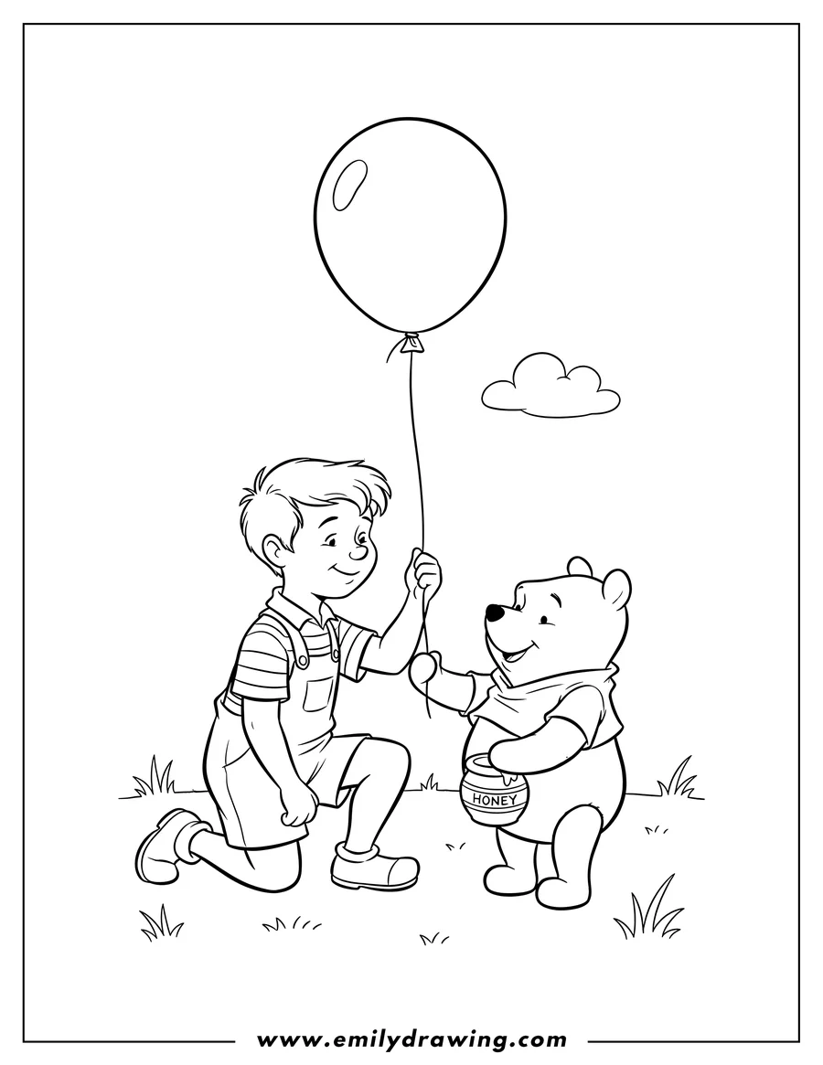 Simple sketch of christopher Robin bending down and holding a balloon string, looking at Pooh to color
