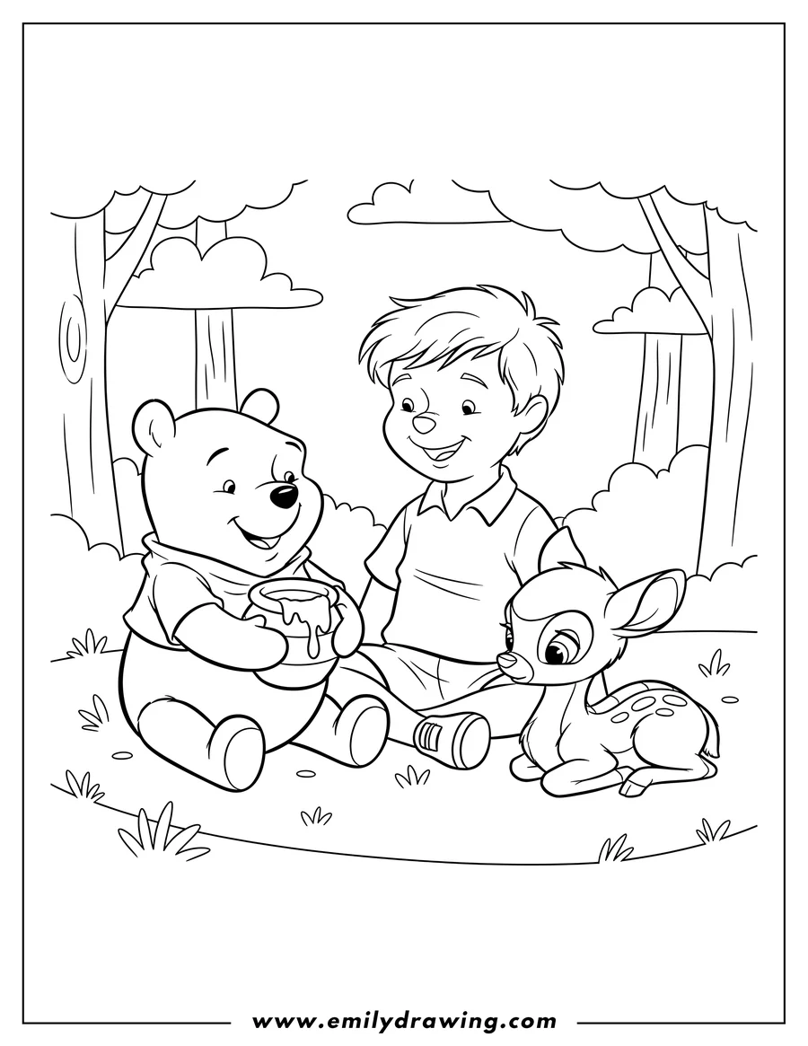 Coloring sheet featuring christopher Robin sitting with Pooh Bear holding honey, and a fawn