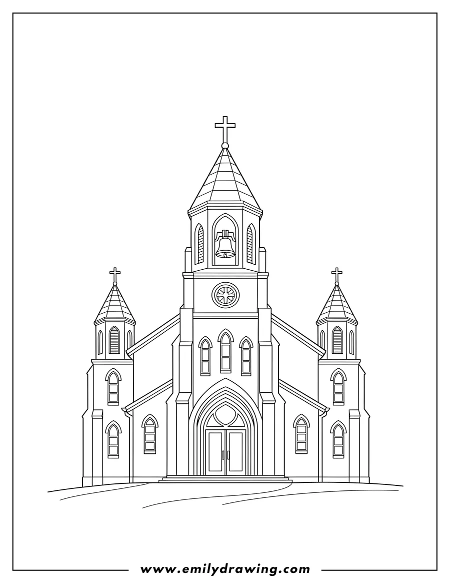 Coloring page of realistic Church With Three Crosses At Top, with a bell in the central tower and arched entrance