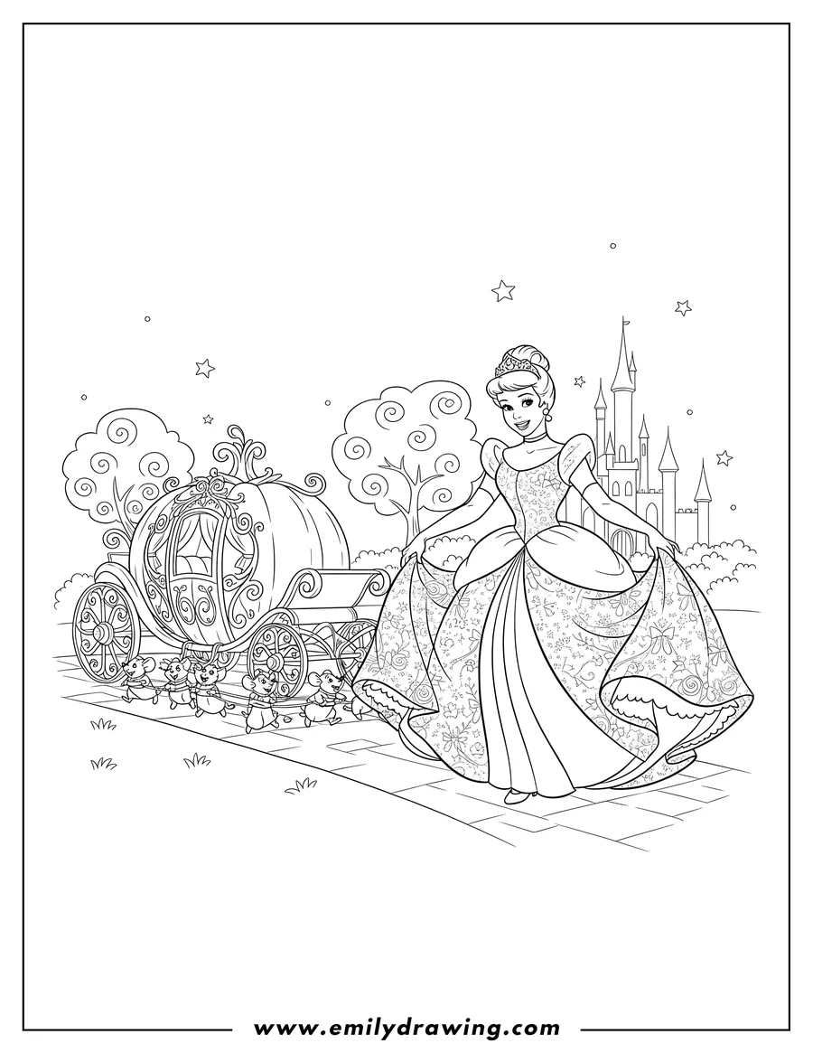 High quality printable detailed Cinderella smiling and posing in her ball gown, with a pumpkin carriage being pulled by mice for coloring