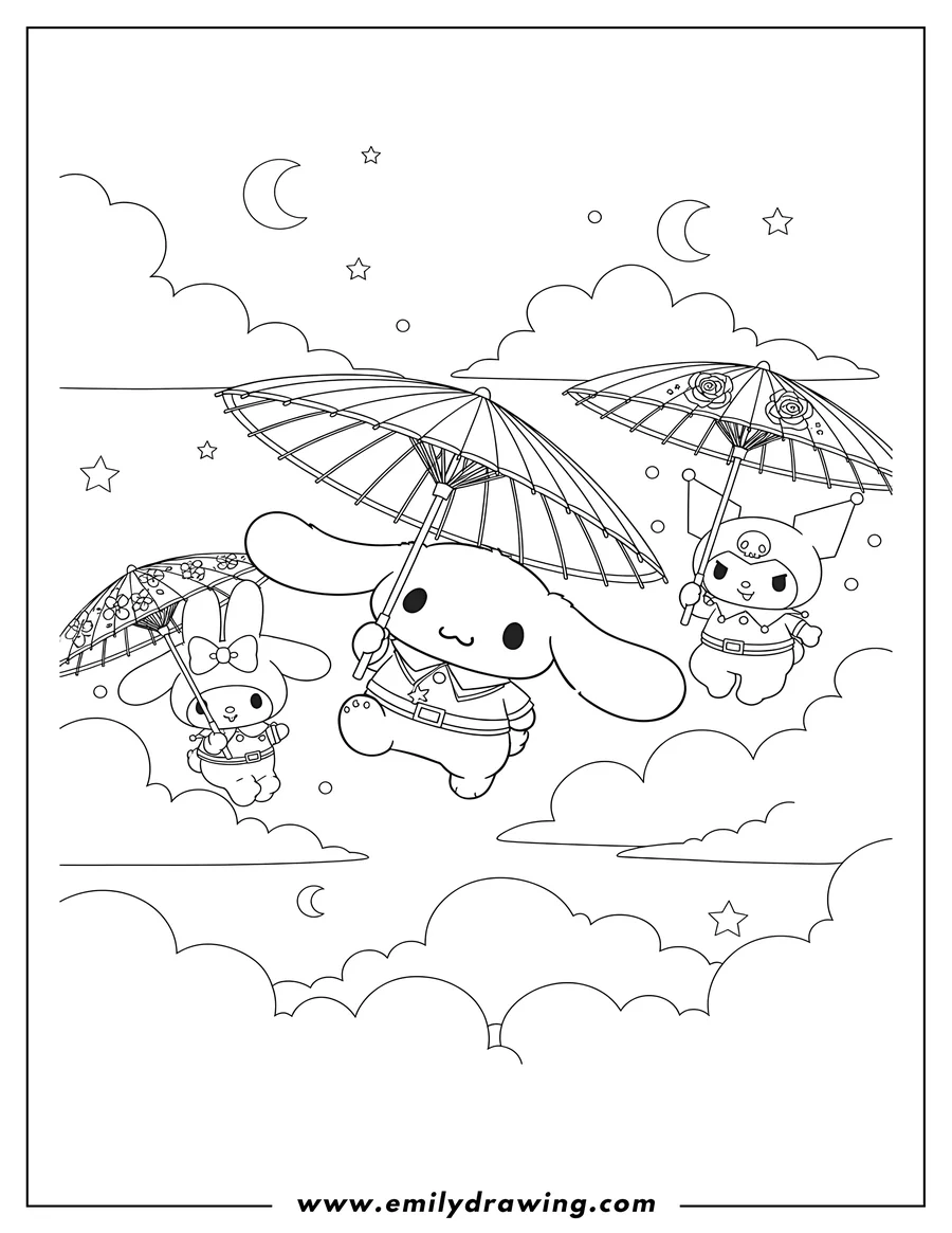 High quality printable cinnamoroll, My Melody, and Kuromi floating in the sky, each holding a wagasa for coloring
