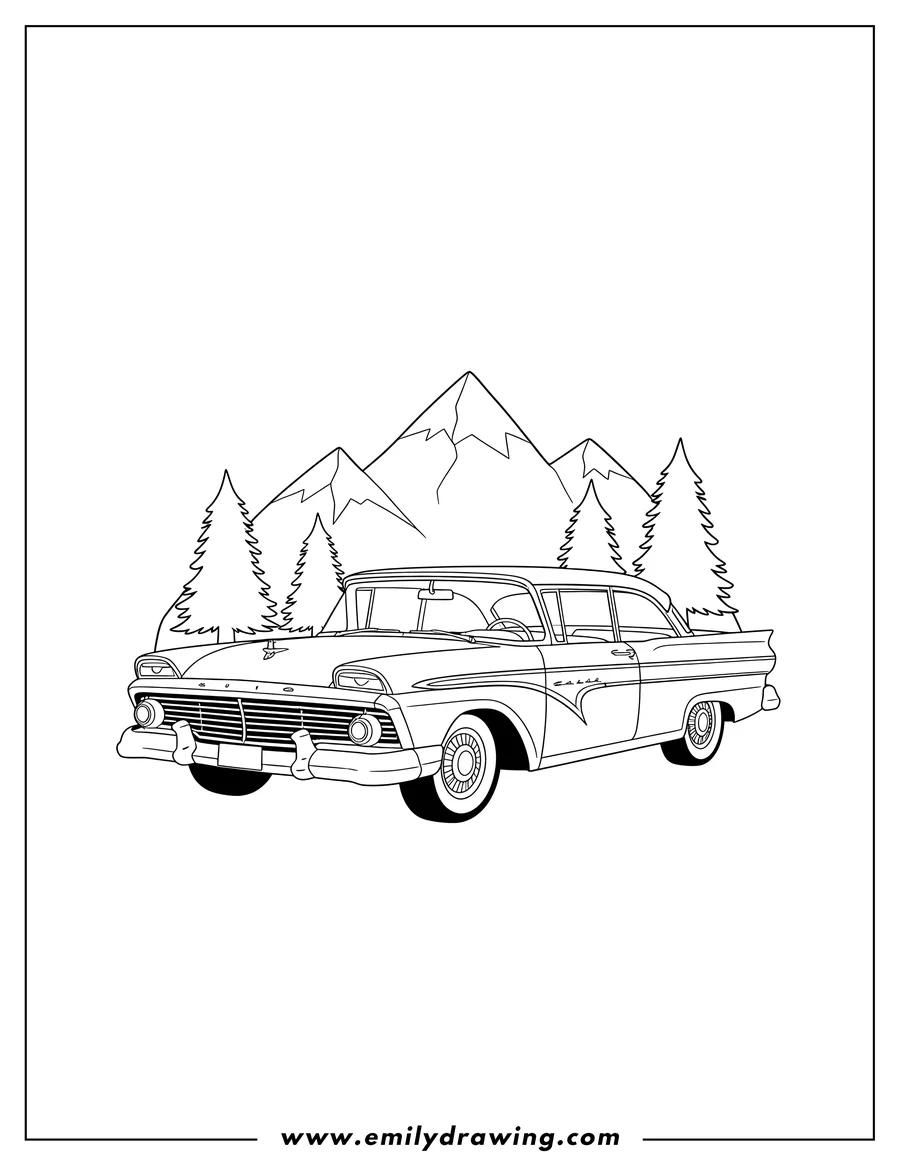 High quality printable classic 1957 Ford car with mountains and pine trees for coloring