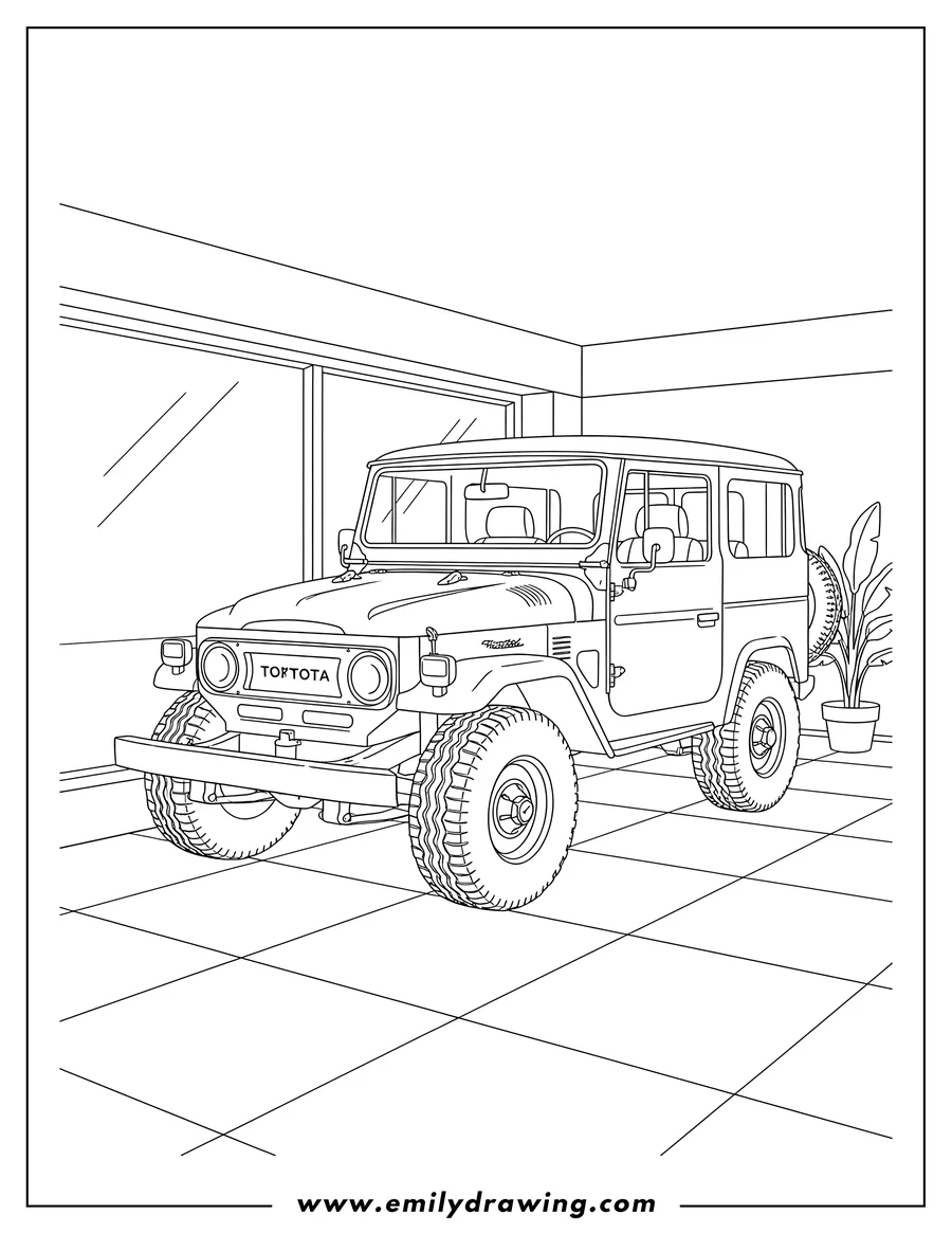 Coloring sheet featuring classic Toyota Land Cruiser parked in a showroom