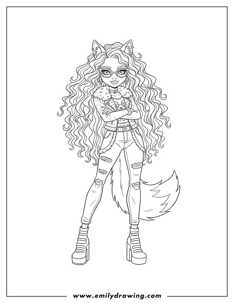 PDF style coloring page: clawdeen Wolf With Arms Crossed, wearing glasses, and long curly hair