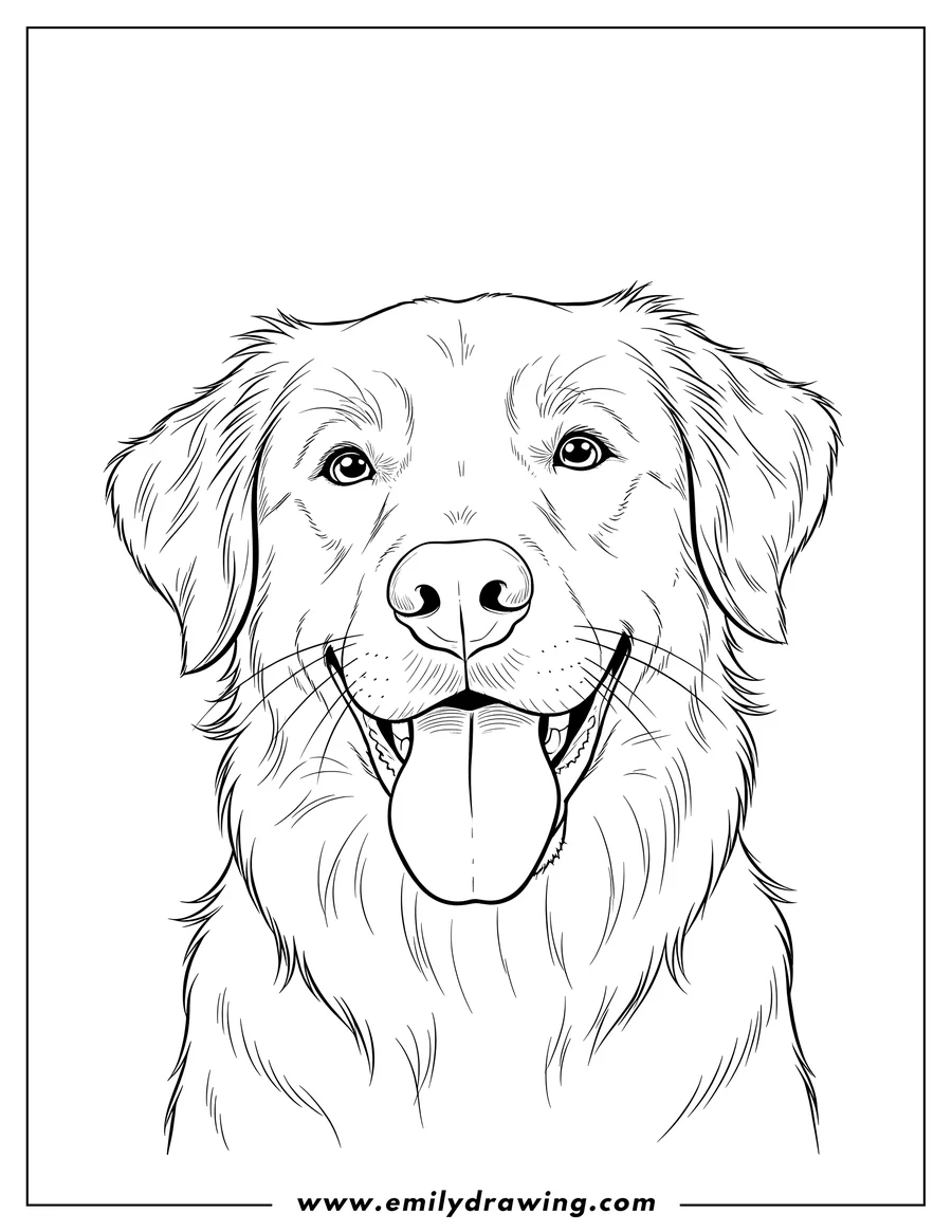 Vector style outline of close Up Dog Face, happy dog with tongue out