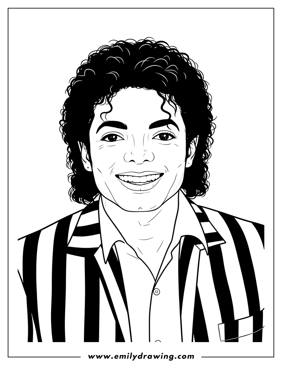 Doodle style coloring picture of close Up Smiling Michael Jackson with curly hair and a striped jacket