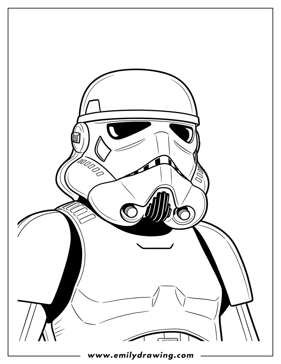 Coloring sheet featuring realistic Close Up Stormtrooper in a three-quarter view