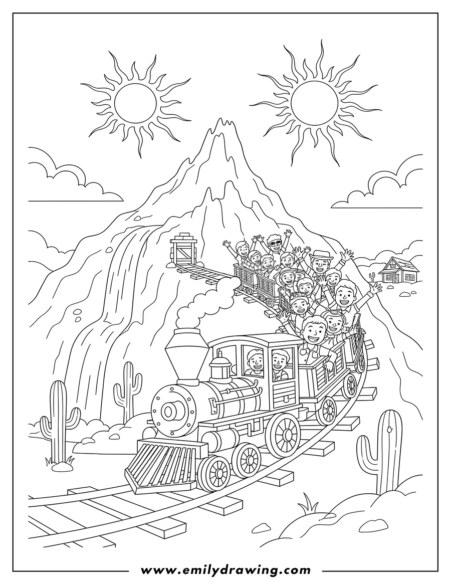 Clean line drawing: big Thunder Mountain Railroad Disneyland train with riders