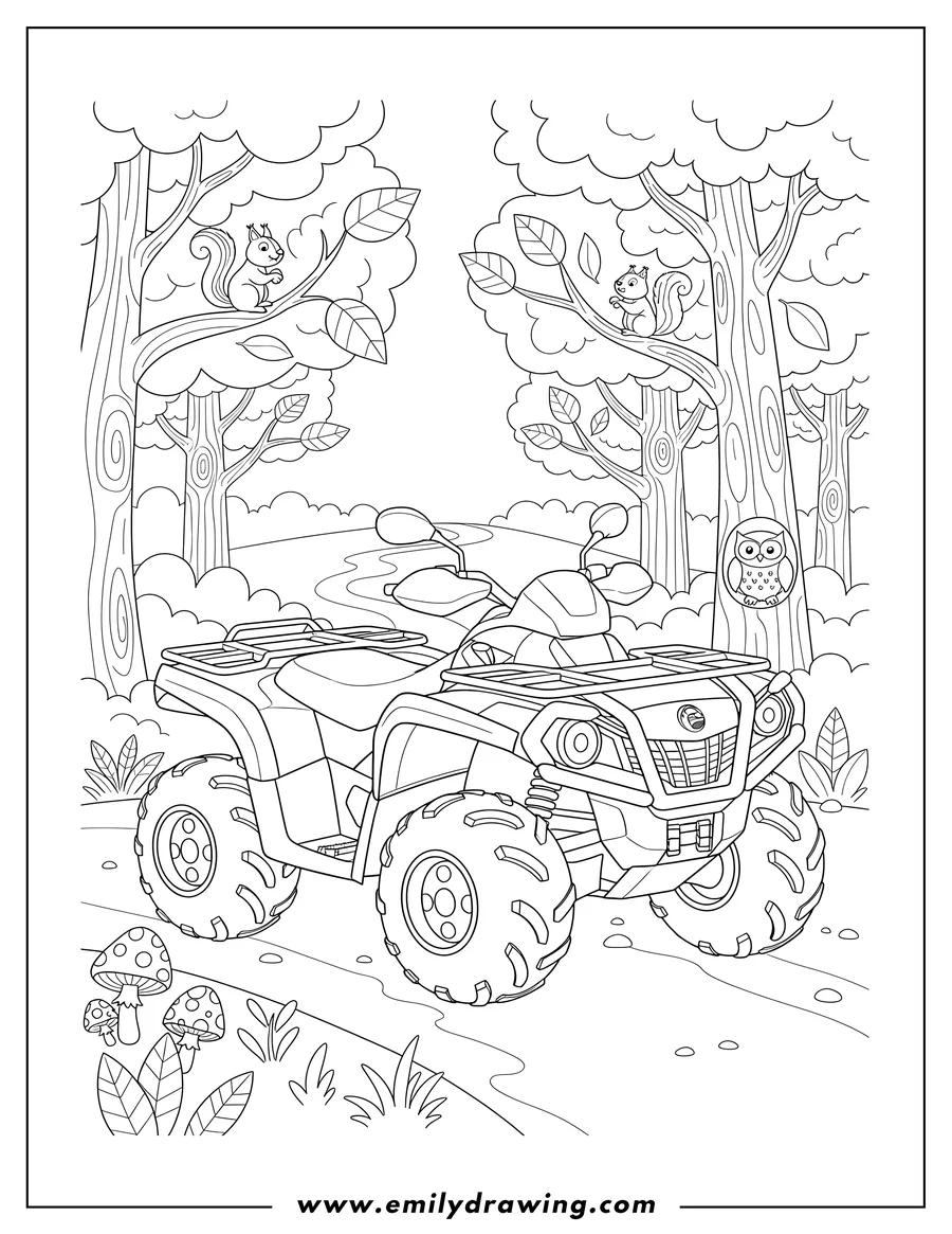 PDF style coloring page: can Am Outlander Atv Four Wheeler in a forest