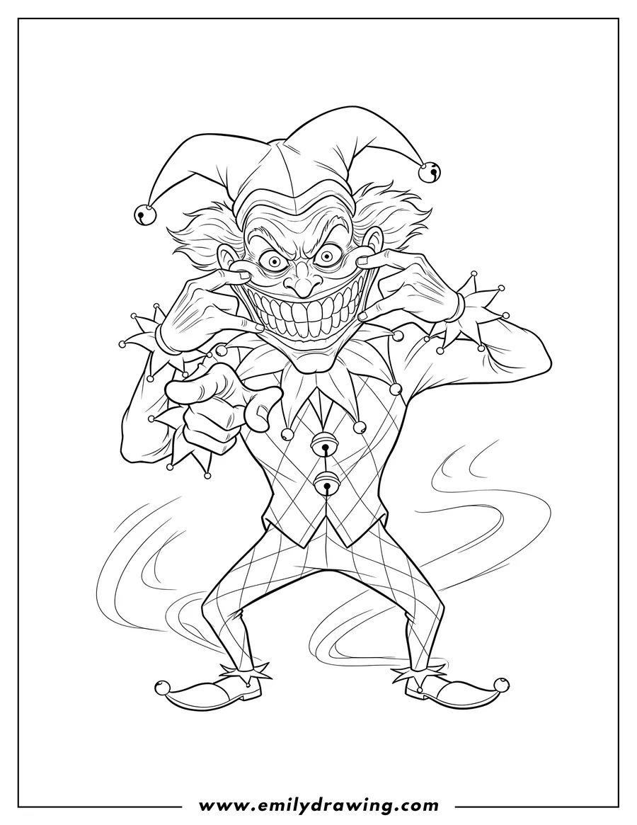Coloring page of crazy Joker Mocking Someone, pulling his mouth wide open with his hand for an exaggerated grin, and pointing forward