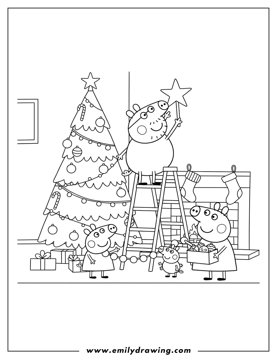 Black and white line art of peppa Pig family setting up Christmas tree, Daddy Pig on a ladder placing the star