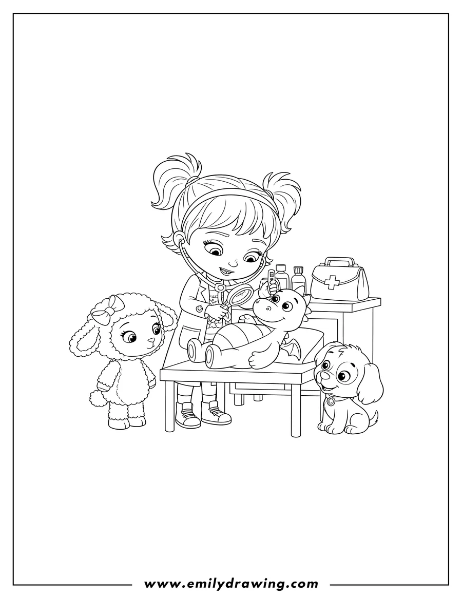 PDF style coloring page: doc McStuffins examining her toy dragon, with Lambie and a puppy dog