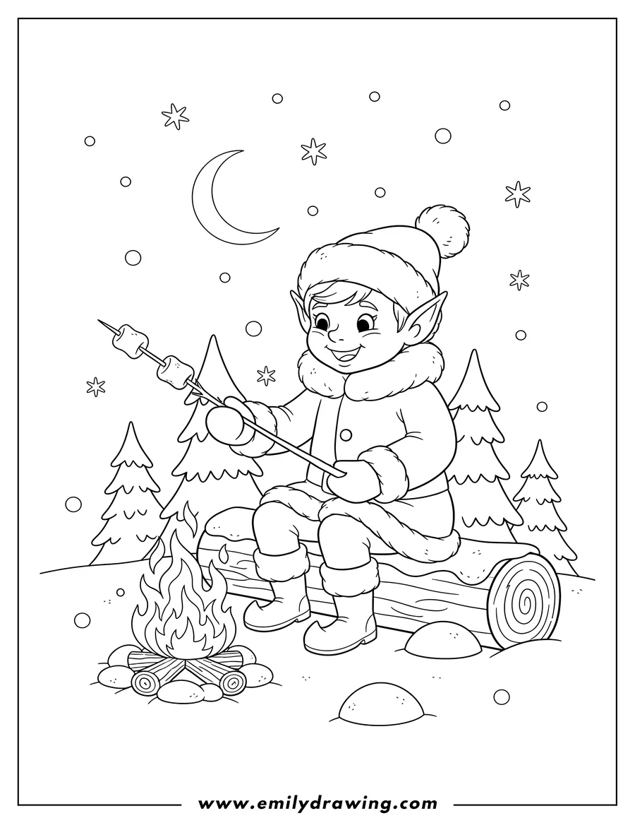 Black and white line art of elf Roasting Marshmallows By Campfire Snow, sitting on a log, wearing a winter hat
