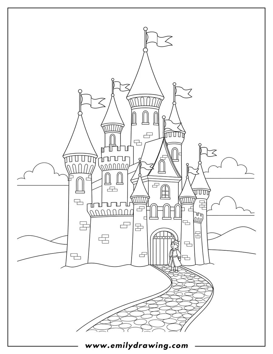 Coloring page for kids: A grand fairytale castle with multiple towers, flags, and a small person