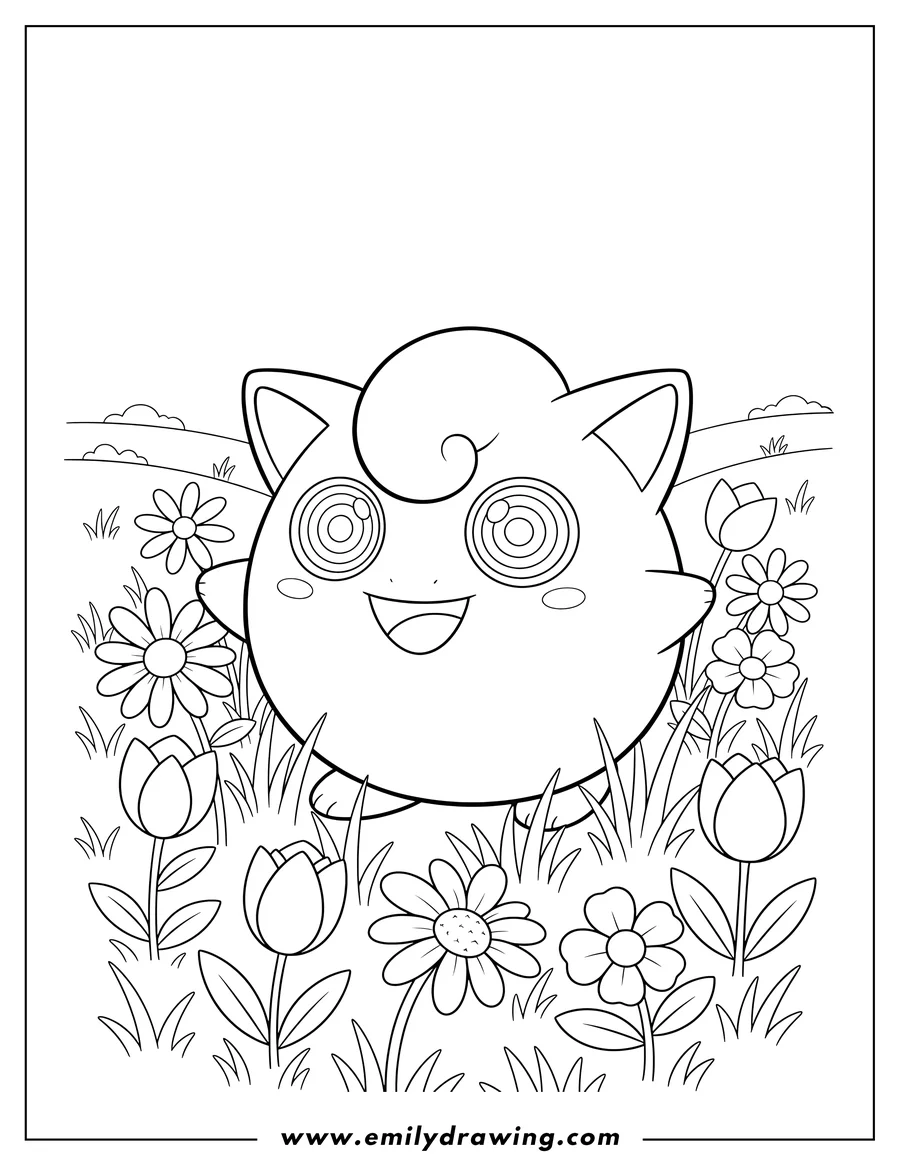Printable coloring page of jigglypuff Hypnotic Gaze Pokemon Card, showing Jigglypuff smiling with big eyes among grass and flowers