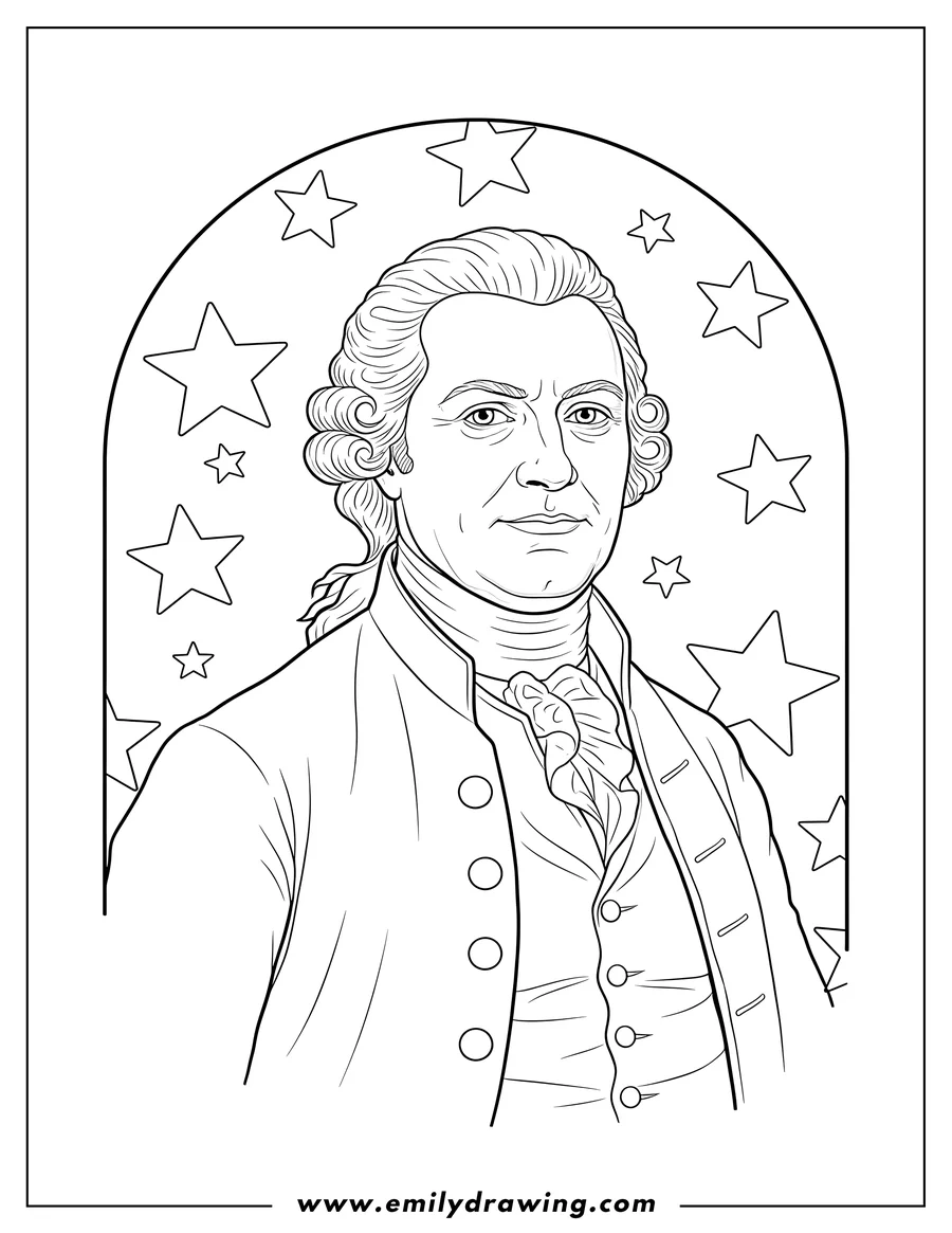 Coloring page of american President John Adams in a formal portrait, with stars
