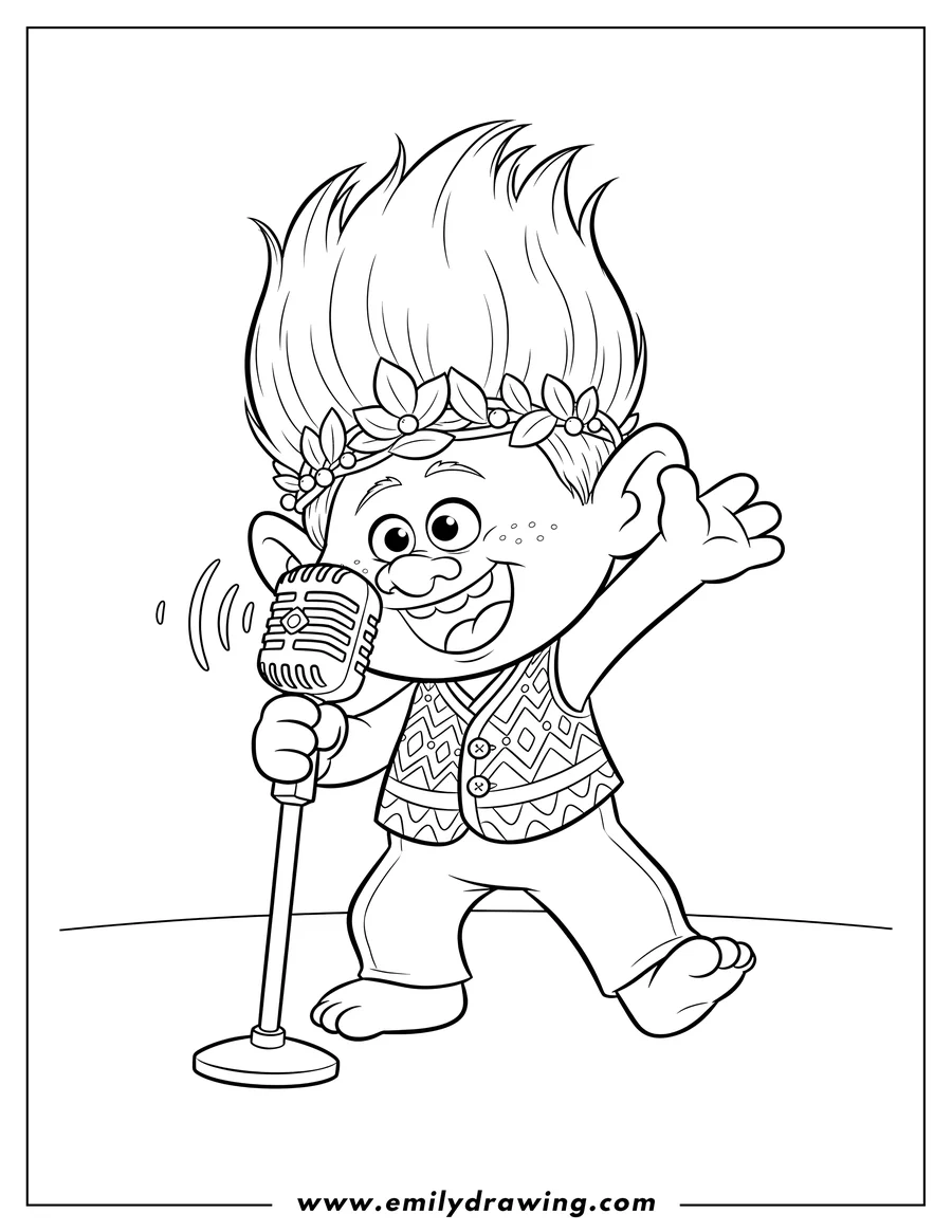 Printable coloring page of king Peppy Troll enthusiastically singing into a microphone with his arm raised