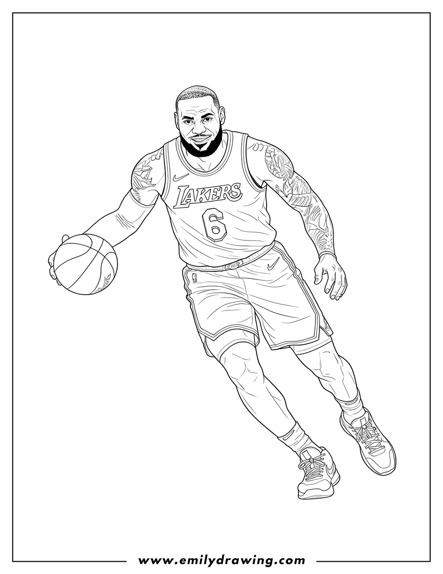 Outline drawing of lebron James dribbling a basketball in his Lakers jersey number 6