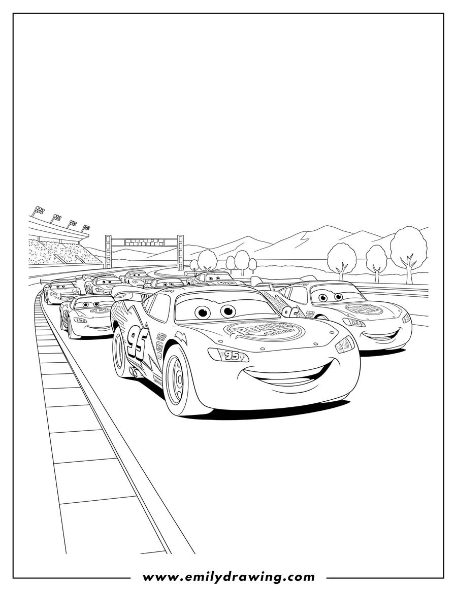 Printable line art of lightning McQueen smiling and leading other cars in a Piston Cup race