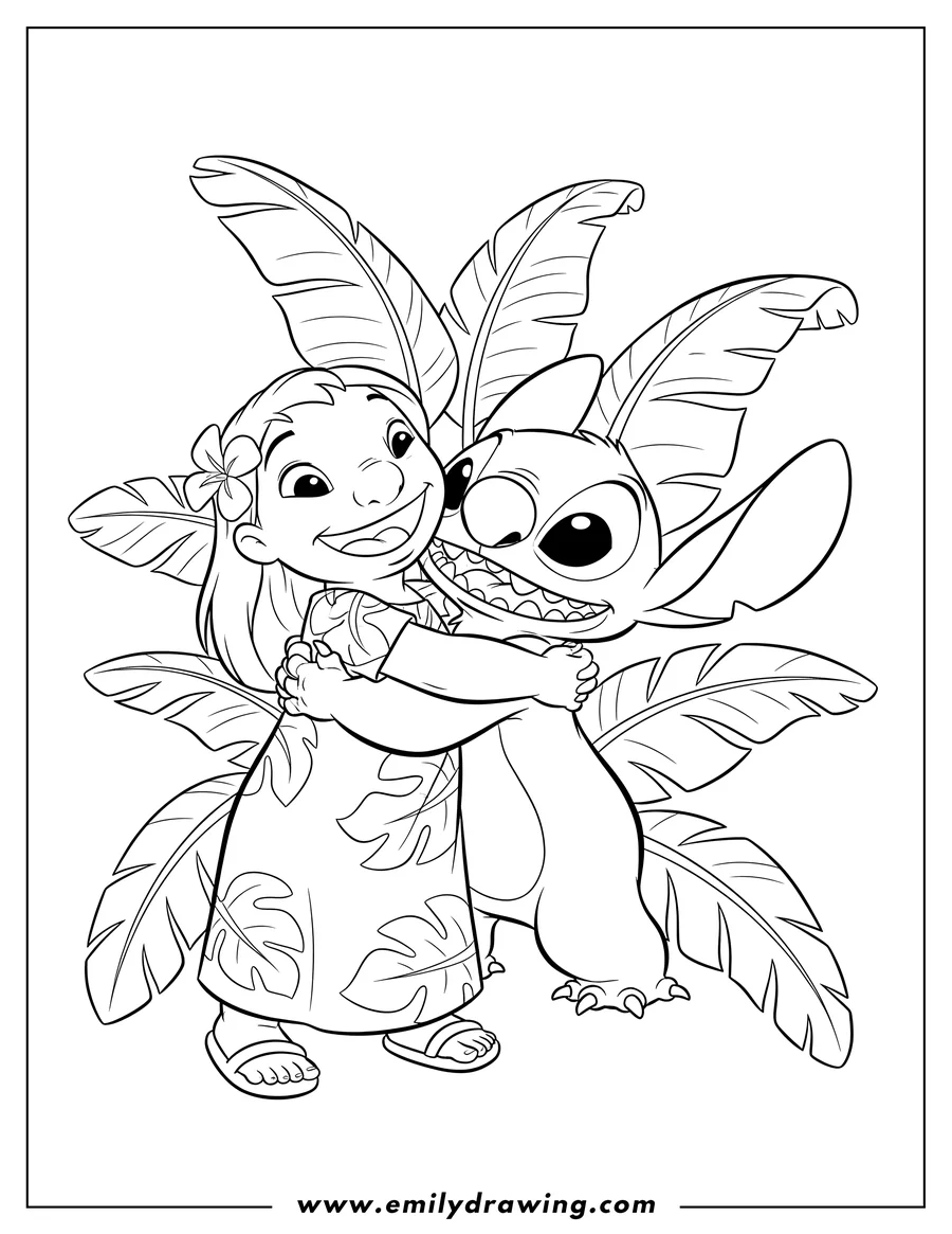 Outline drawing of lilo and Stitch hugging and smiling, with banana leaves scaled