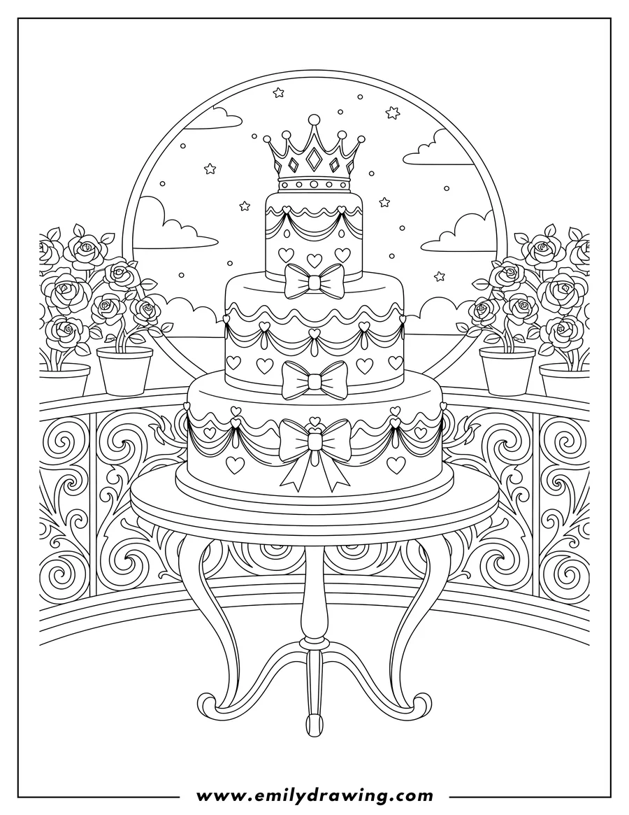 Black and white line art of majestic three-tiered cake with a crown topper and little hearts, on a rosy balcony