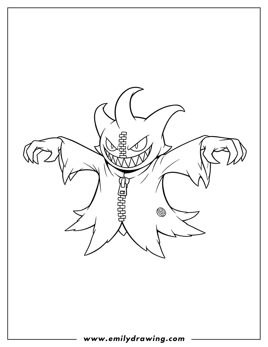 Linear illustration of mega Banette with a zipper mouth, evil smile, and outstretched arms