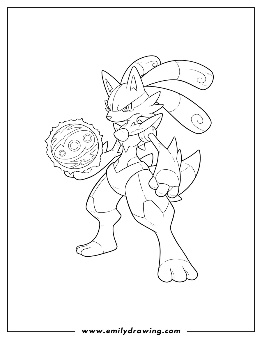 Downloadable coloring page of mega Lucario standing, holding an Aura Sphere, and looking left