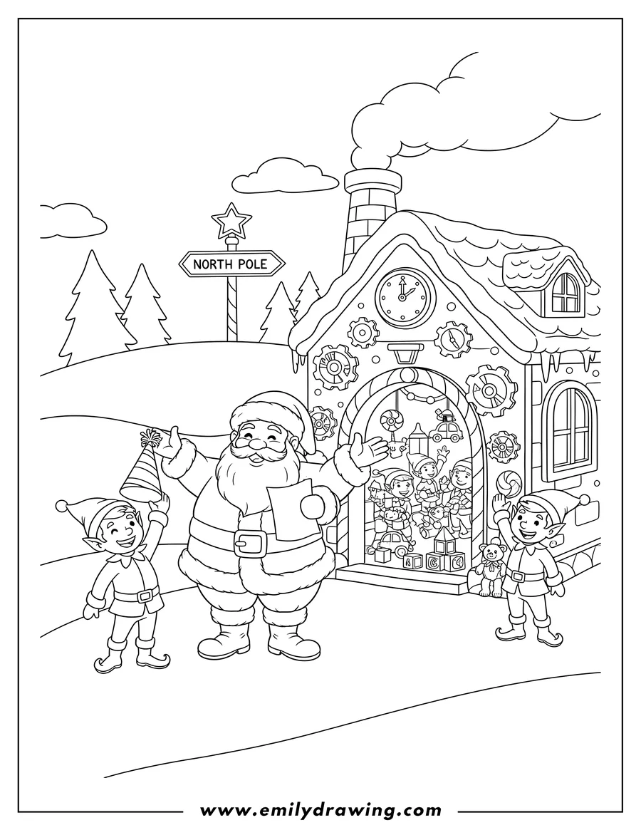 Free to print drawing of santas Toy Factory At North Pole With Elves, one elf holding a party hat, another at the factory entrance