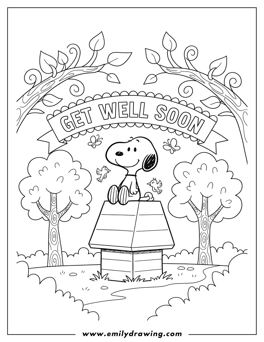 Full page coloring image of snoopy smiling on his doghouse under a Get Well Soon banner in a forest