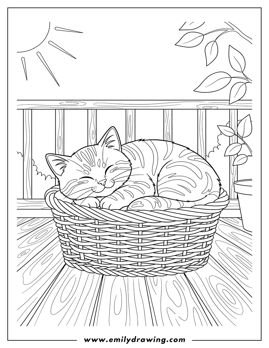 Full page coloring image of tabby kitten peacefully sleeping in a woven basket on a porch