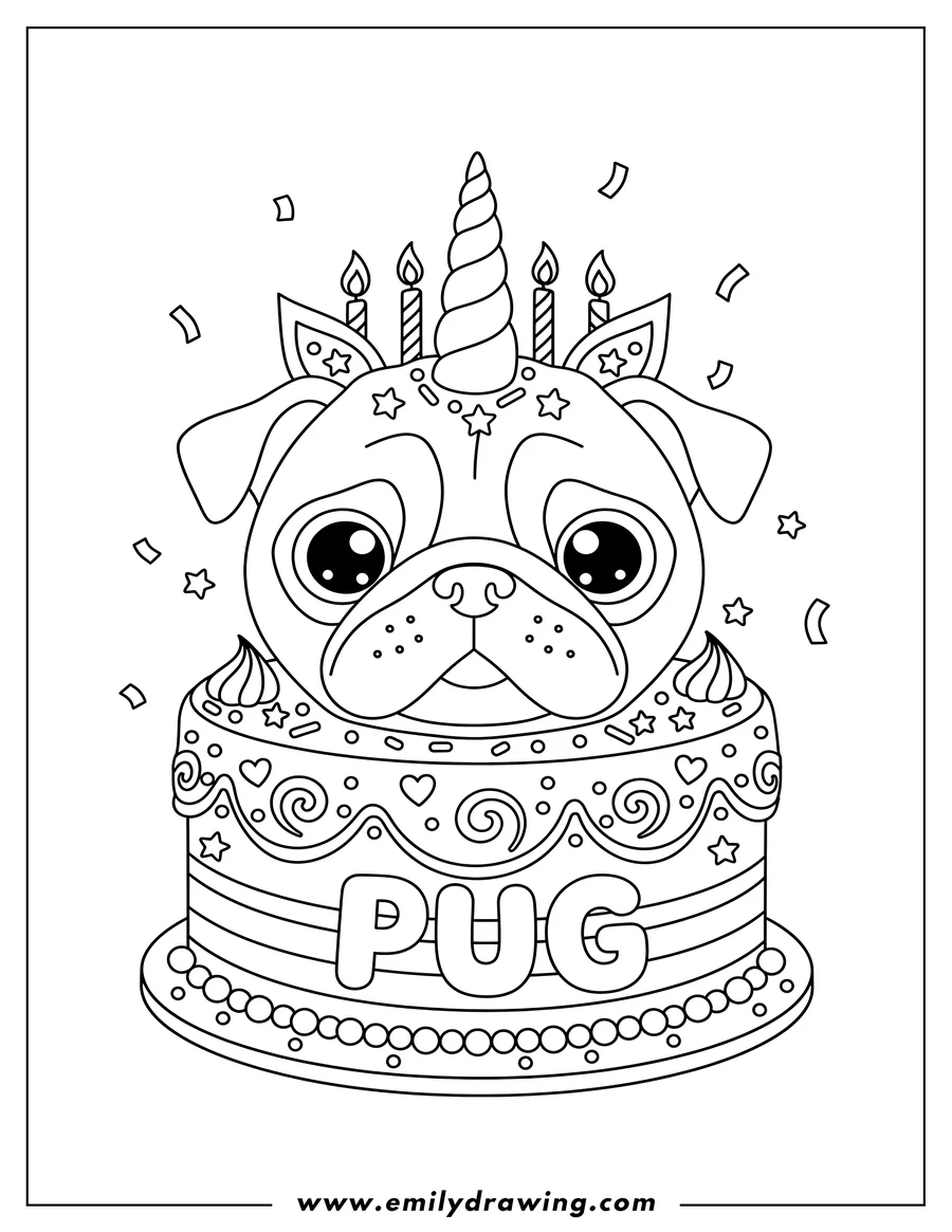 Coloring page for kids: unicorn Pug Themed Birthday Cake, shaped like a pug's head with a unicorn horn on top, and the word PUG on its base