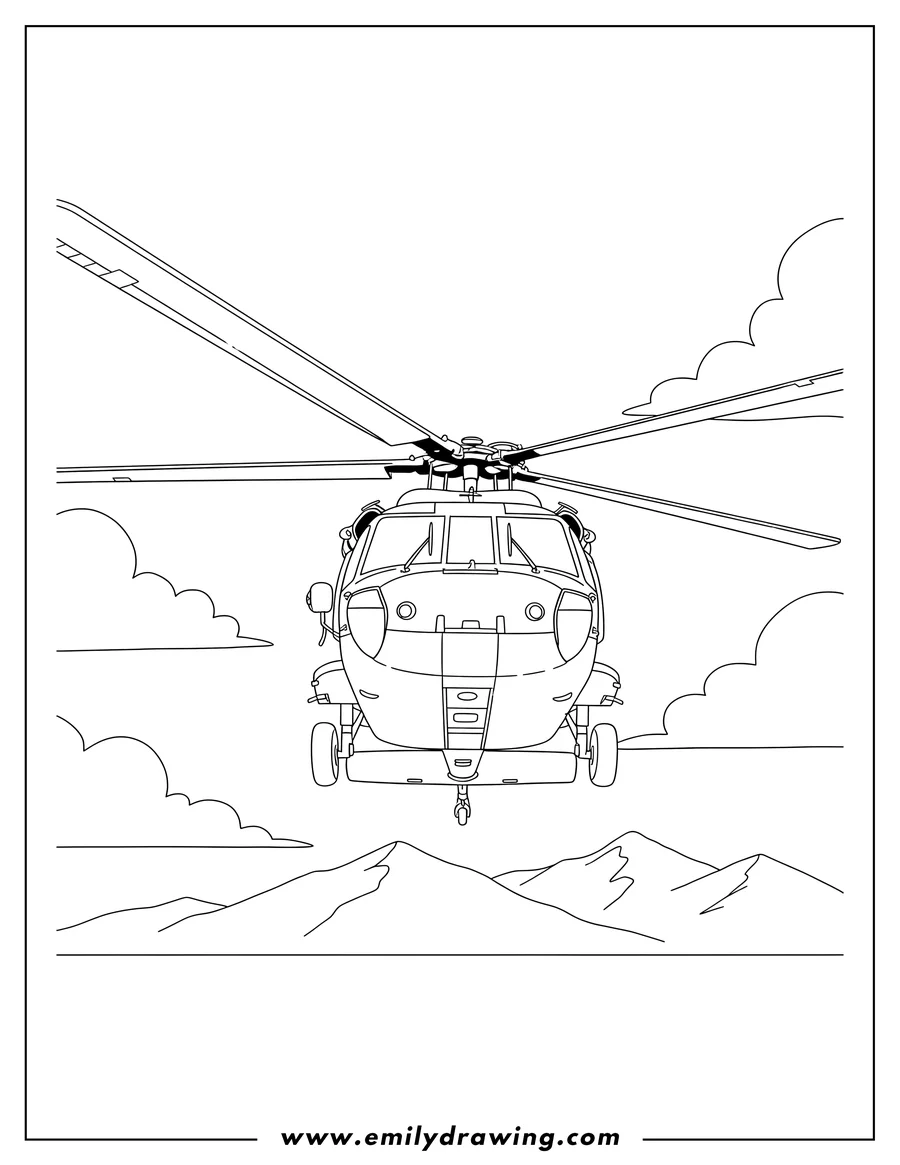Linear illustration of us Army Black Hawk Helicopter Scaled, flying towards the viewer
