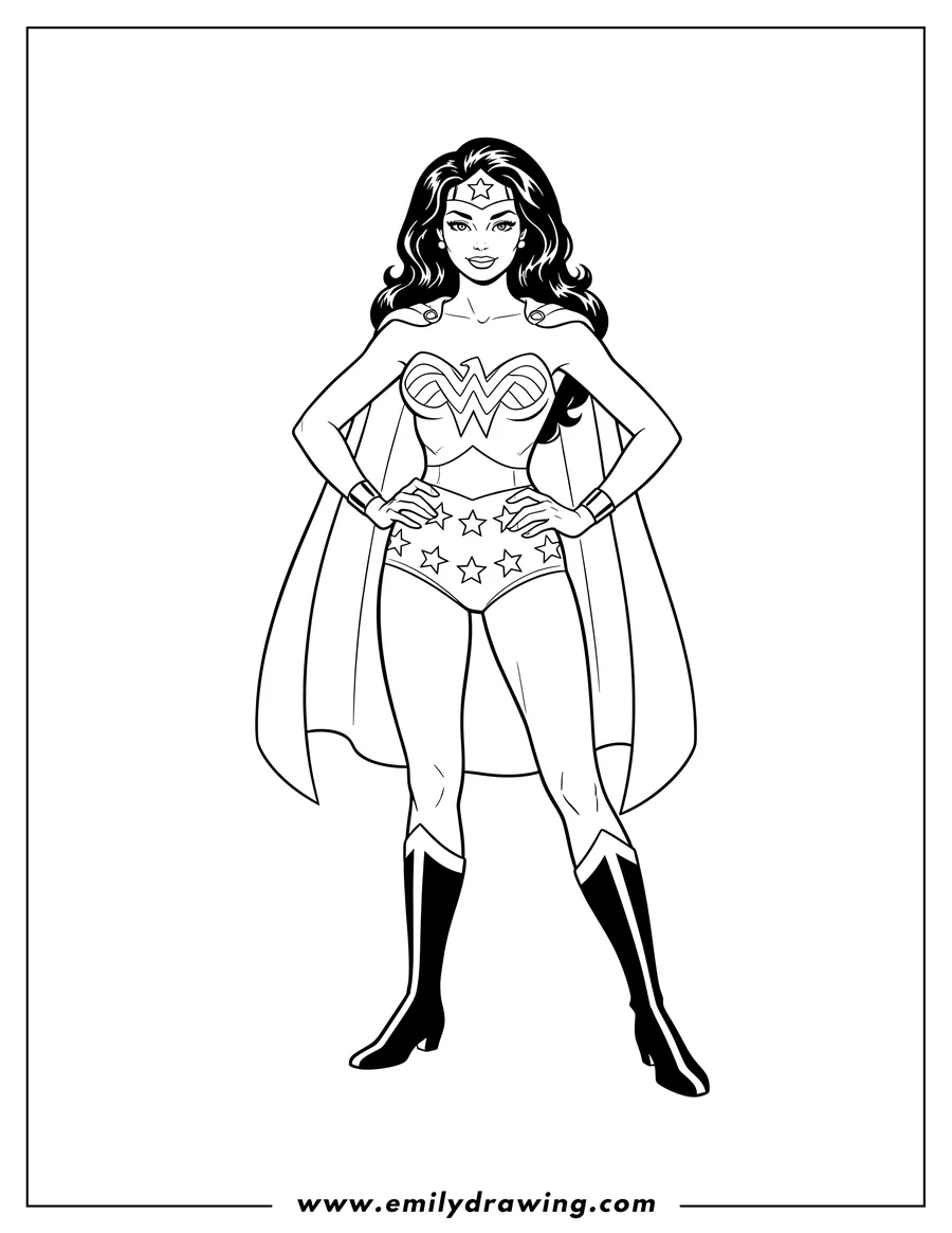 PDF style coloring page: detailed Vintage Wonder Woman To Color, standing with hands on hips, wearing star shorts