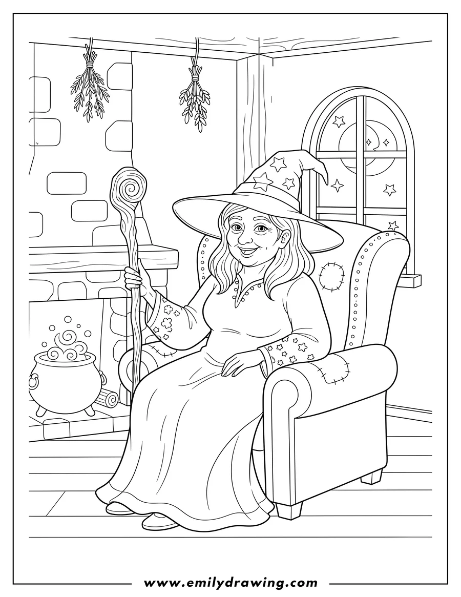 High quality printable A witch in a long dress, sitting in a chair, holding a staff and smiling in her cottage for coloring