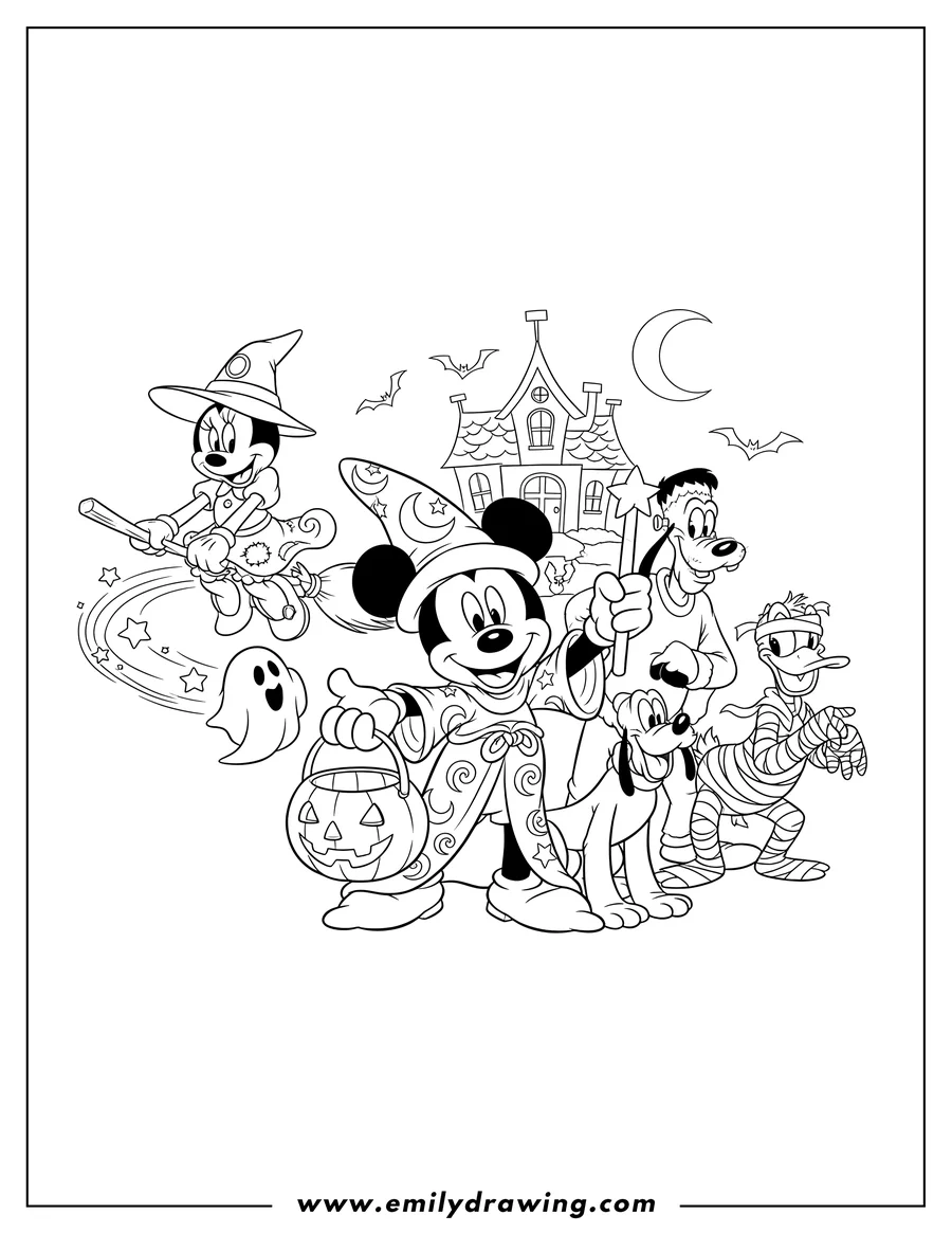High quality printable wizard Mickey Mouse And Friends Halloween Costumes, with Mickey holding a pumpkin bucket and magic wand, and Witch Minnie flying on a broom for coloring