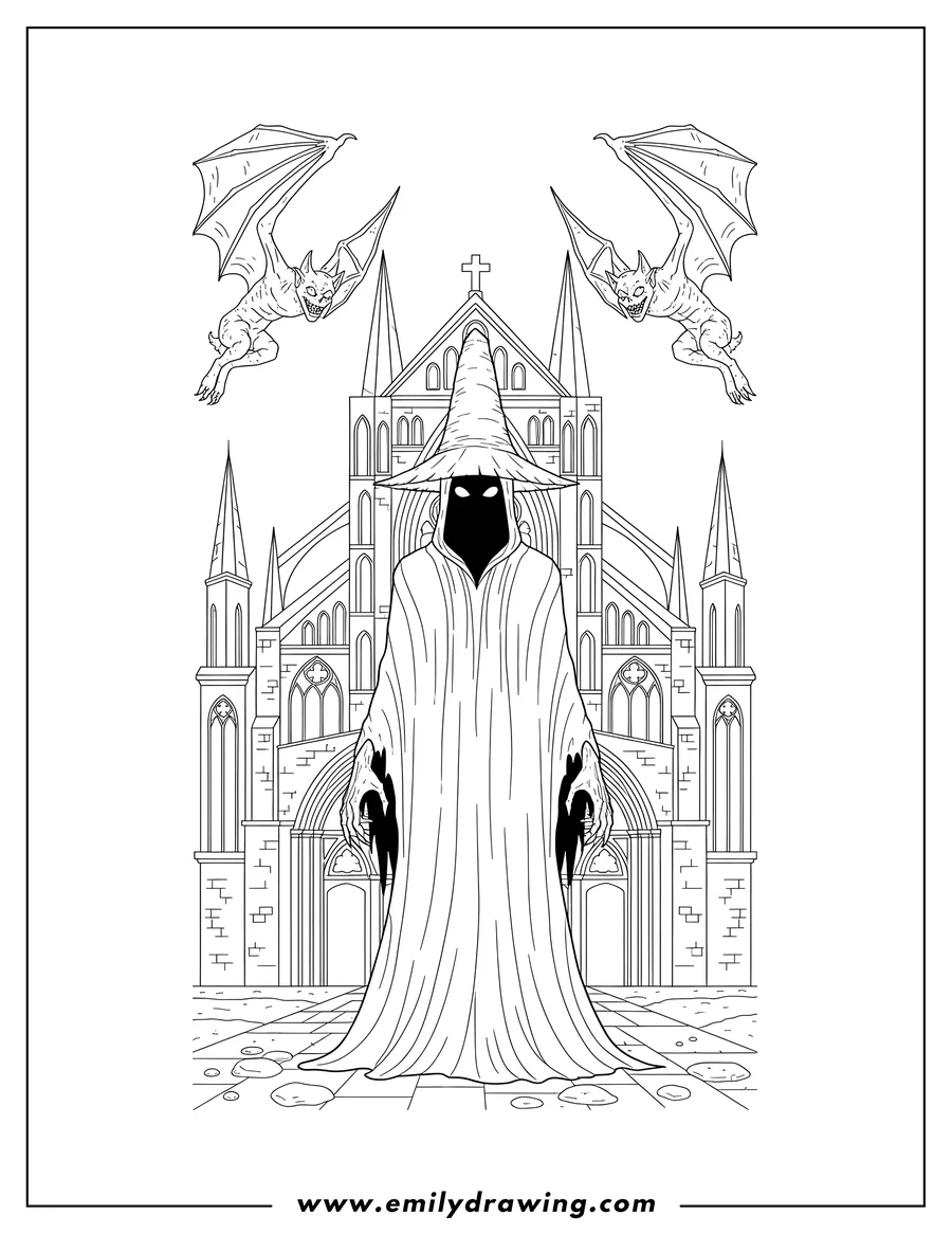 Black and white line art of ancient Cathedral with bat-like Gargoyles and a cloaked Wraith wearing a pointed hat