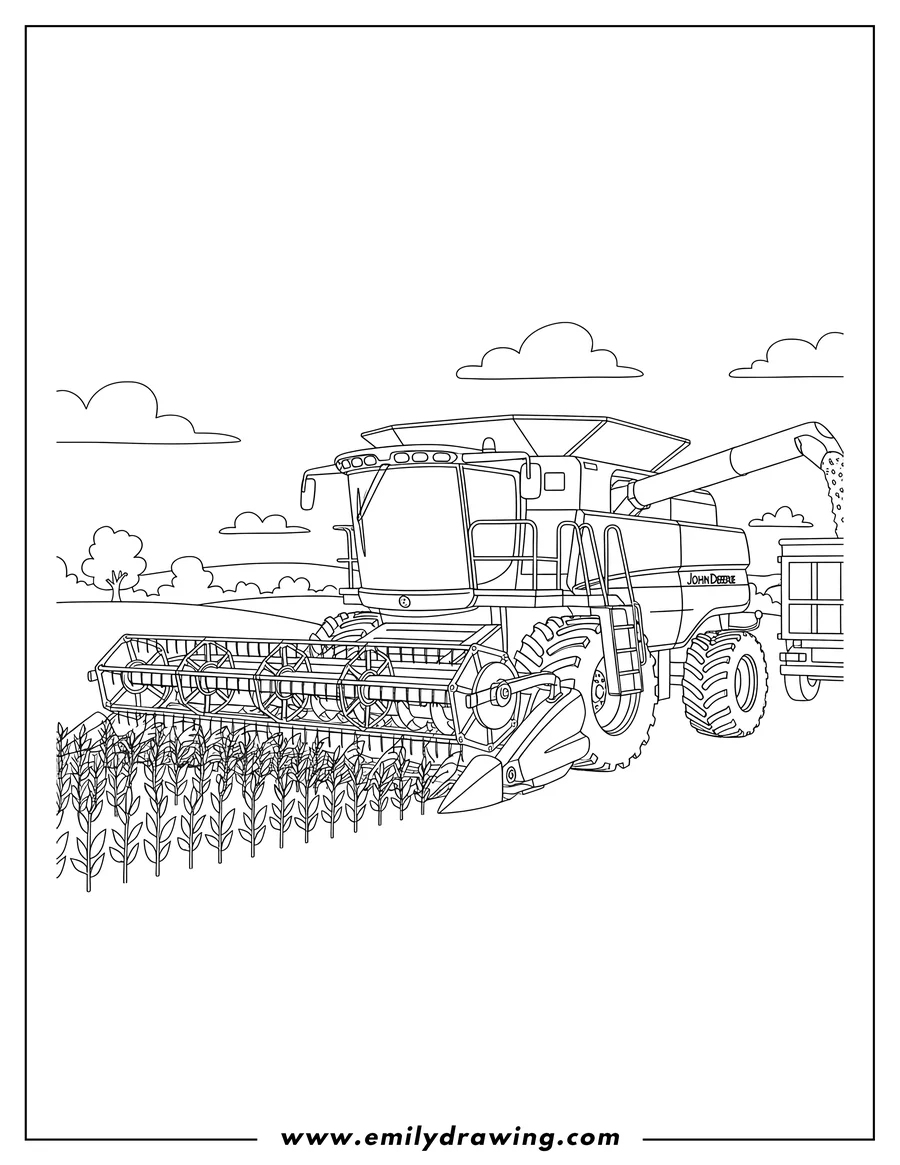 Free to print drawing of john Deere Combine Harvester with a large front header, harvesting