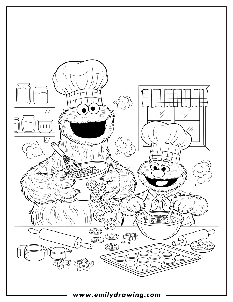 Vector style outline of realistic Cookie Monster and Gonger wearing chef hats, happily baking with bowls and utensils