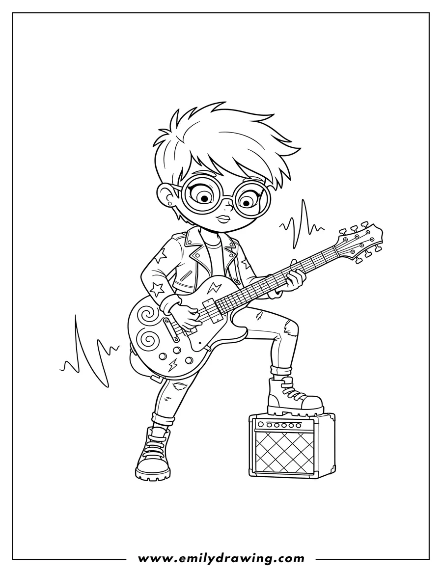Clean line drawing: [Scene]: Cool Bridget, a girl with round glasses, playing an electric guitar