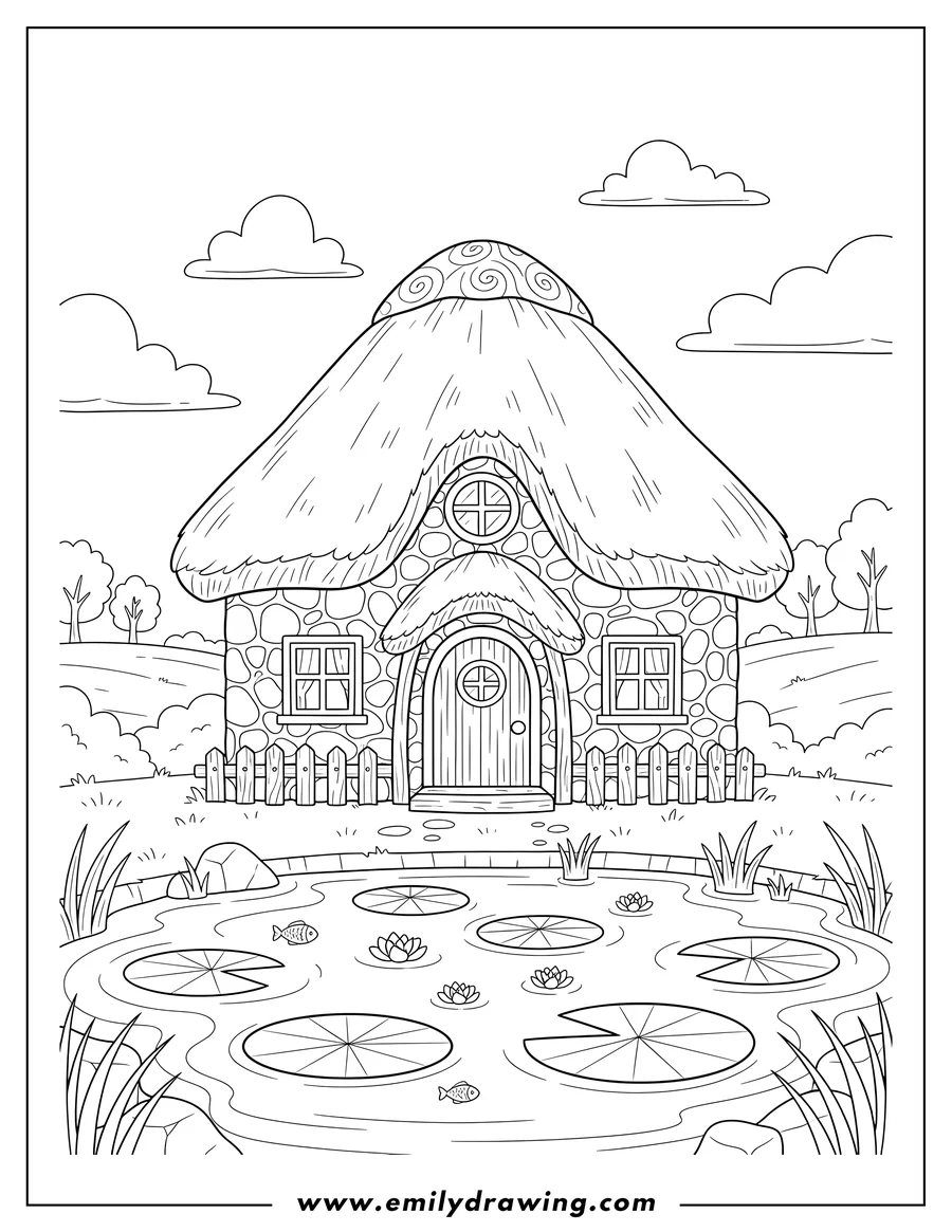 Doodle style coloring picture of realistic Cottage Front Pond, with a thatched roof, stone walls, and lily pads