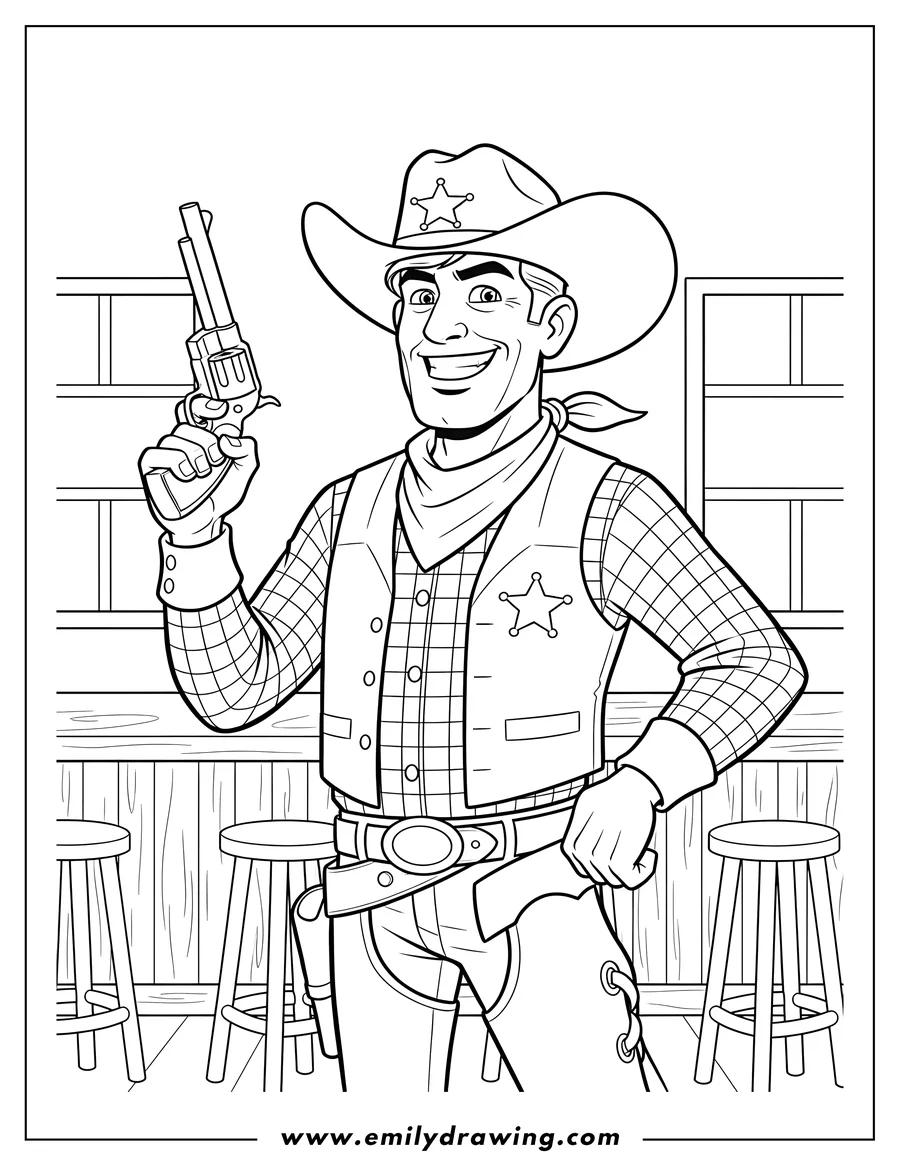 Black and white line art of realistic Cowboy sheriff holding a pistol up in a saloon