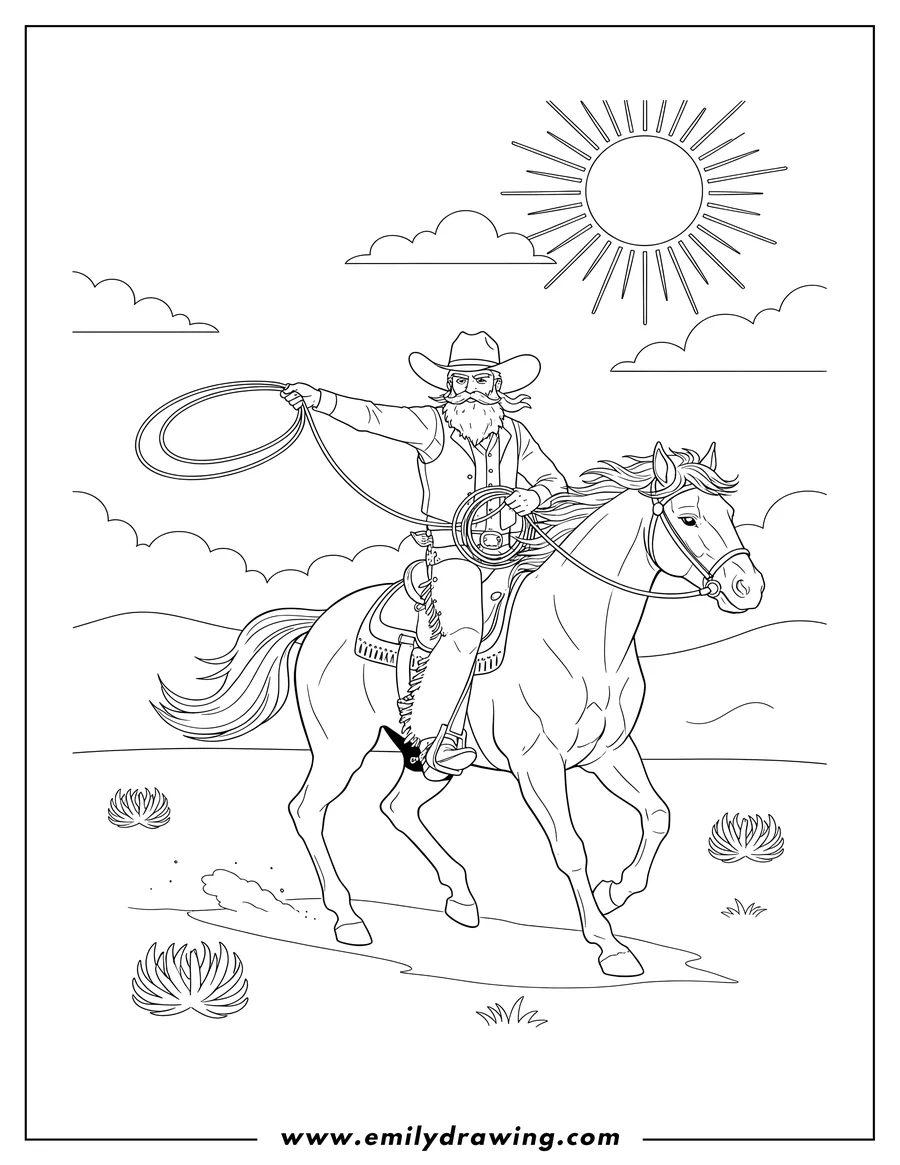 Free to print drawing of realistic Cowboy with Beard and Bandana Riding Horse with Lasso