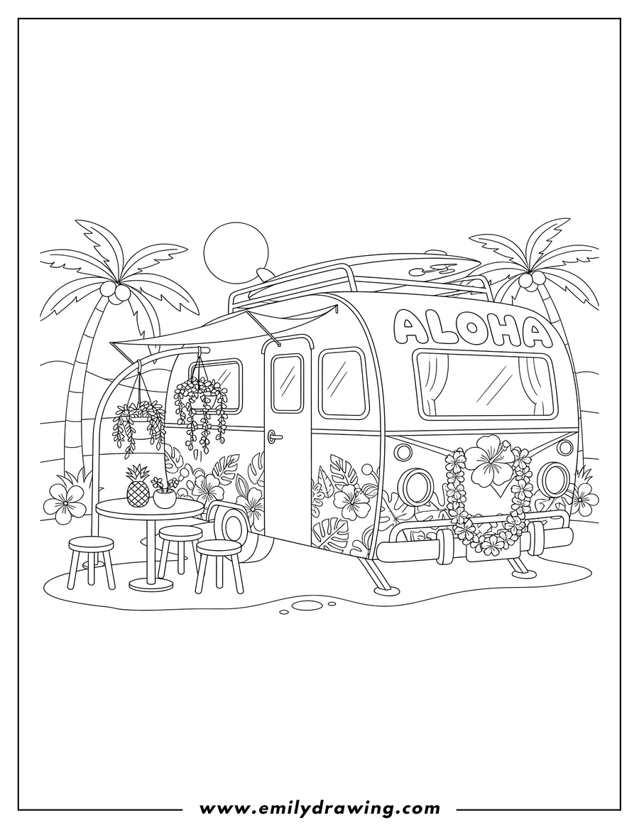 Simple sketch of cozy Aloha Campervan Trailer with an outdoor table and hanging flowers to color