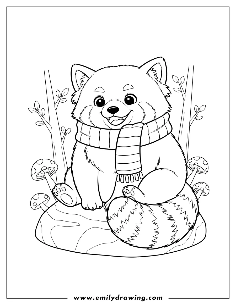 Simple sketch of cozy Red Panda sitting on a rock, wearing a striped scarf, and smiling, in a forest to color
