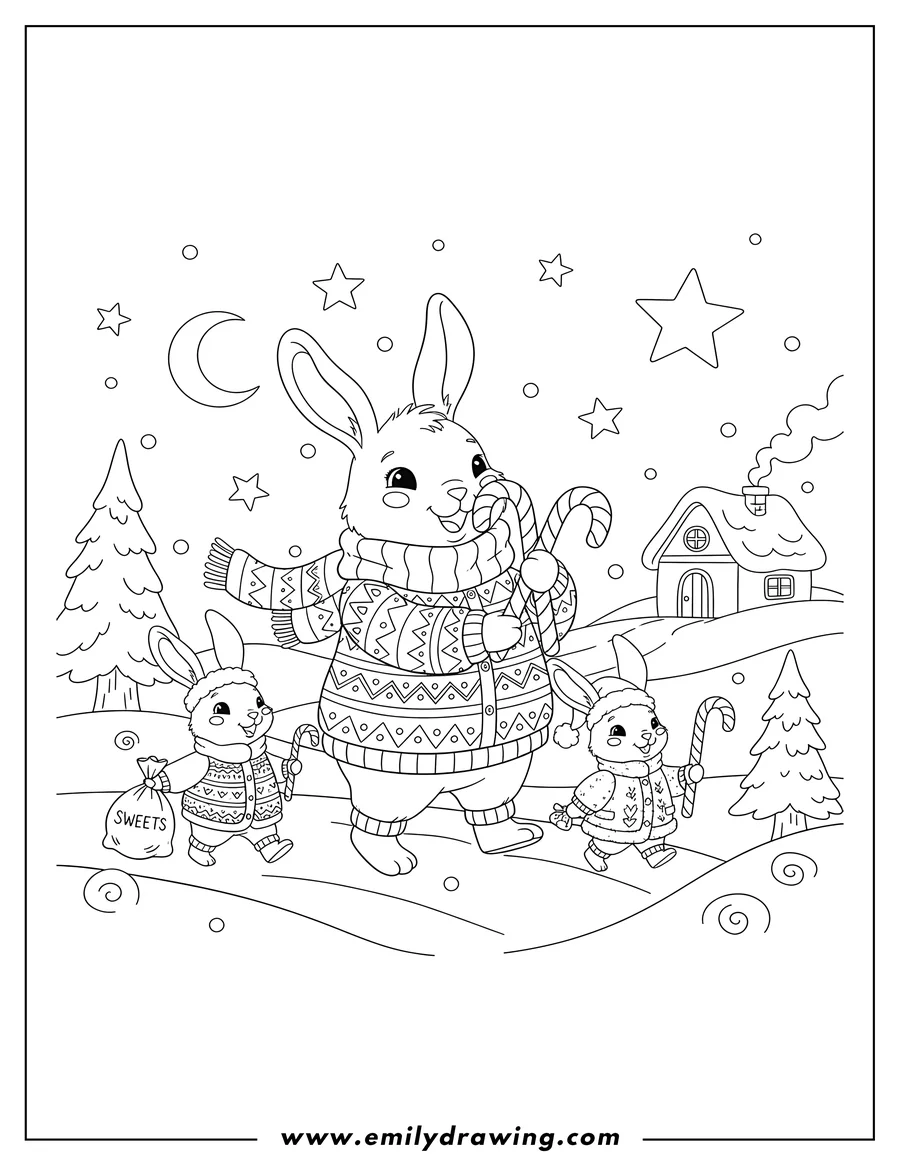 Black and white line art of cozy Scenery Rabbits Wearing Clothes and Holding Candy Canes Taking Walk On Holiday