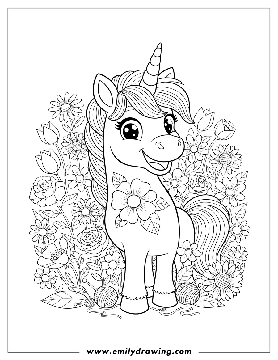 Clean line drawing: craftycorn With Flowers, smiling broadly, wearing a flower on its chest