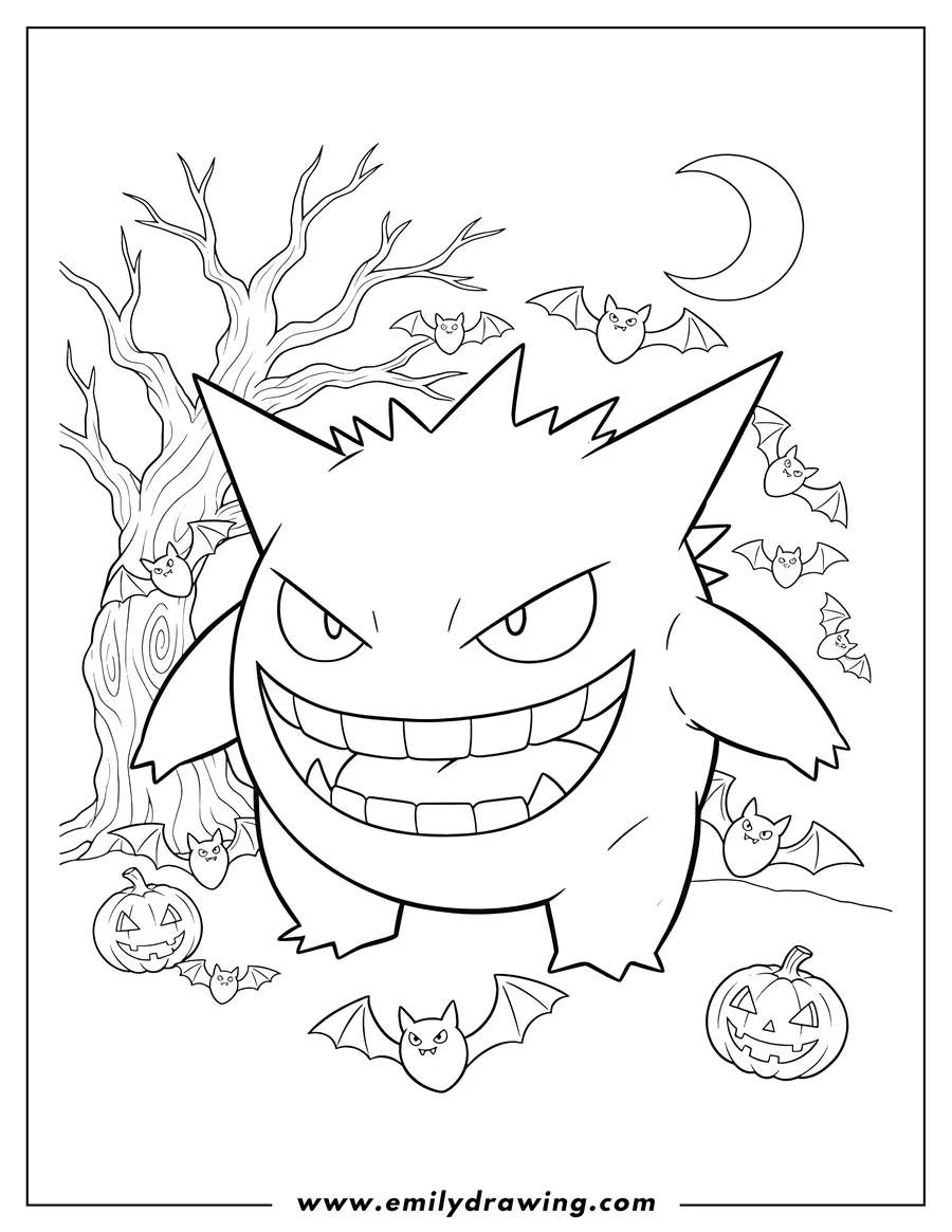 Full page coloring image of creepy Gengar with a wide sinister grin and bats Halloween