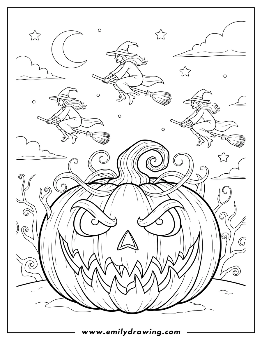 Full page coloring image of A creepy Jack O' Lantern with jagged fangs, and flying witches on brooms