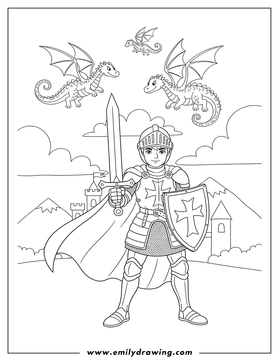 Doodle style coloring picture of crusader Knight With Dragons Background, standing with a sword, and dragons flying