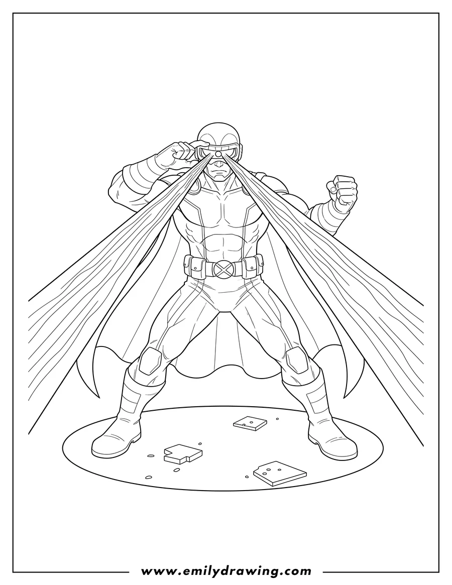 Coloring sheet featuring realistic Cyclops in an action pose, emitting beams from his eyes with one hand adjusting his visor